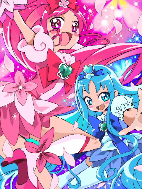 2-nd 2girls anime_coloring arm_up blue_background blue_bow blue_bowtie blue_dress blue_eyes blue_flower blue_hair blue_sleeves blush_stickers boots bow bowtie brooch commentary_request cure_blossom cure_marine dress dress_flower eyelashes feet_out_of_frame floral_background flower foot_out_of_frame frilled_sleeves frills hair_bobbles hair_bow hair_flower hair_ornament hanasaki_tsubomi heart heart_brooch heart_hair_ornament heartcatch_precure! high_heel_boots high_heels high_ponytail jewelry kneehighs kurumi_erika leg_up long_hair looking_at_viewer magical_girl multiple_girls open_mouth outstretched_arm petals pink_background pink_bow pink_bowtie pink_dress pink_eyes pink_flower pink_footwear pink_hair pink_sleeves pink_wrist_cuffs precure puffy_short_sleeves puffy_sleeves short_dress short_sleeves smile socks spar thighhighs two-tone_background very_long_hair wavy_hair white_socks white_thighhighs wrist_cuffs