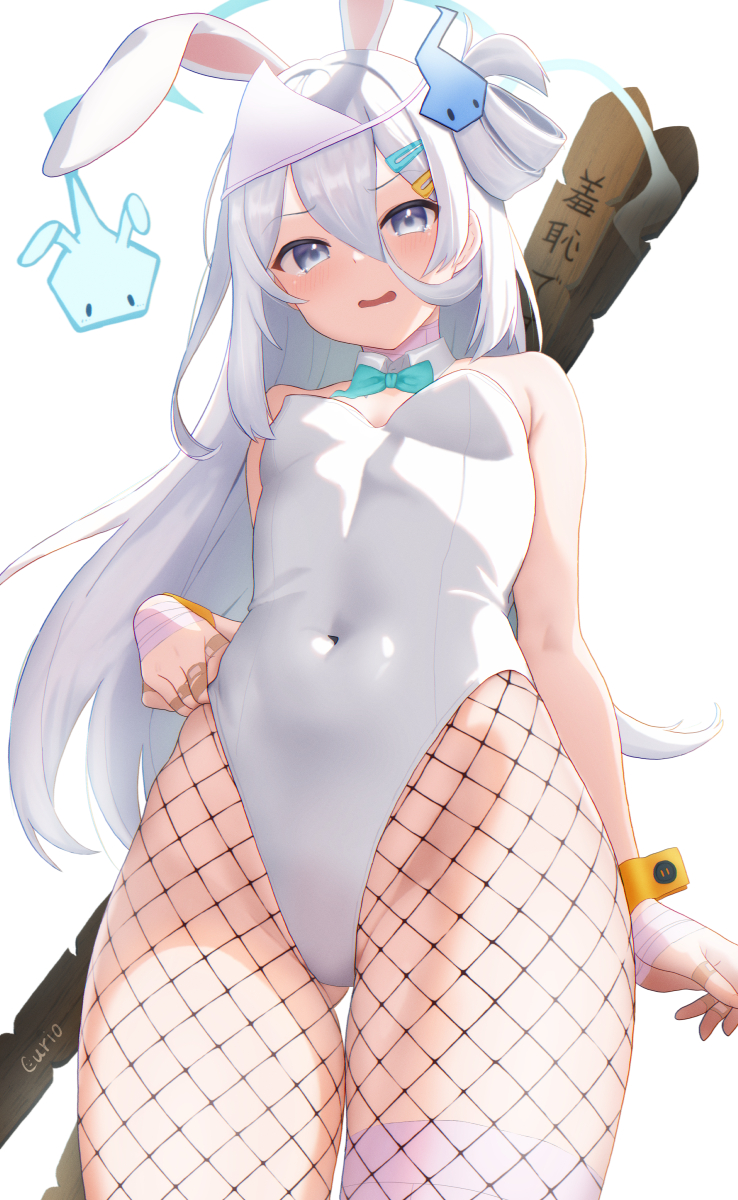 animal_ears bandaged_fingers bandaged_hand bandaged_leg bandaged_neck bandaged_wrist bandages bandaid bandaid_on_hand blue_eyes blue_leotard blush bow bowtie breasts covered_navel cowboy_shot curio_(curiofinity) detached_collar fake_animal_ears fake_tail fishnet_pantyhose fishnets ghost ghost_girl ghost_hair_ornament ghost_pose hair_ornament hairclip highleg highleg_leotard highres hitodama hitodama_hair_ornament leotard long_hair looking_at_viewer pantyhose playboy_bunny rabbit_ears rabbit_tail side-tie_leotard simple_background small_breasts strapless strapless_leotard suzutuki_sui tail traditional_bowtie triangular_headpiece varium virtual_youtuber white_background white_hair wrist_cuffs