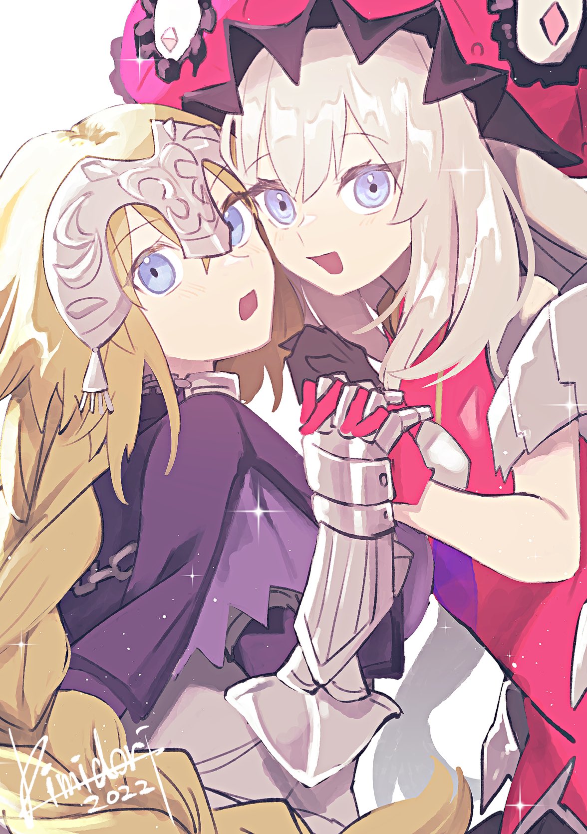 2girls blonde_hair blue_eyes braid capelet chain dress fate/grand_order fate_(series) gauntlets headpiece highres interlocked_fingers jeanne_d'arc_(fate) jeanne_d'arc_(ruler)_(fate) kimidorix32 light_blush long_hair looking_at_viewer marie_antoinette_(fate) multiple_girls open_mouth pink_dress pink_hat purple_capelet signature simple_background smile upper_body white_background