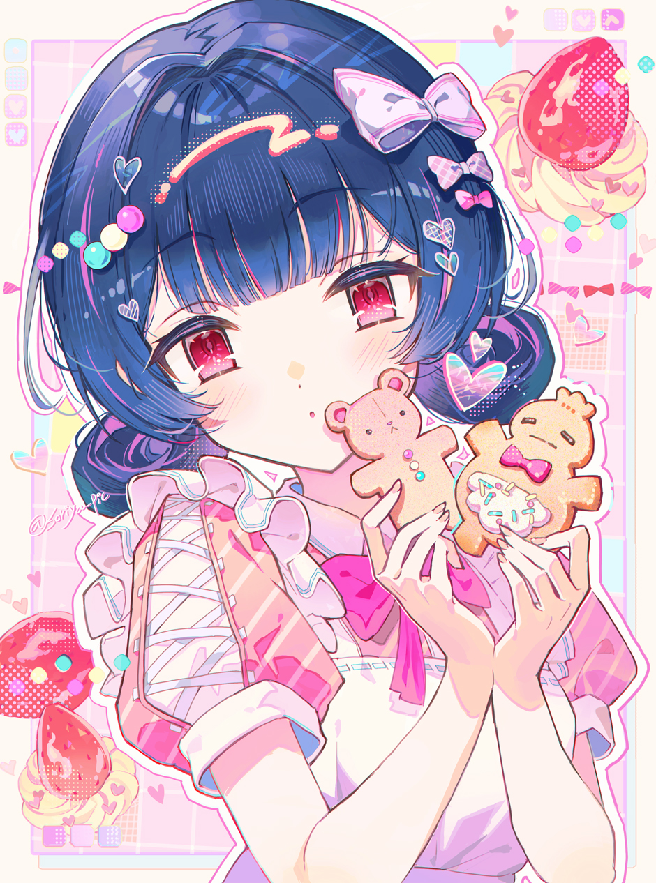 1girl apron blue_hair blush bow bowtie collared_shirt cookie double_bun fingernails food frilled_apron frills fruit hair_bow hair_bun hair_intakes hair_ornament highres holding holding_cookie holding_food idolmaster idolmaster_shiny_colors looking_at_viewer morino_rinze outline pink_bow pink_bowtie red_eyes shirt short_hair short_sleeves solo soriya strawberry twitter_username upper_body white_apron white_bow white_outline