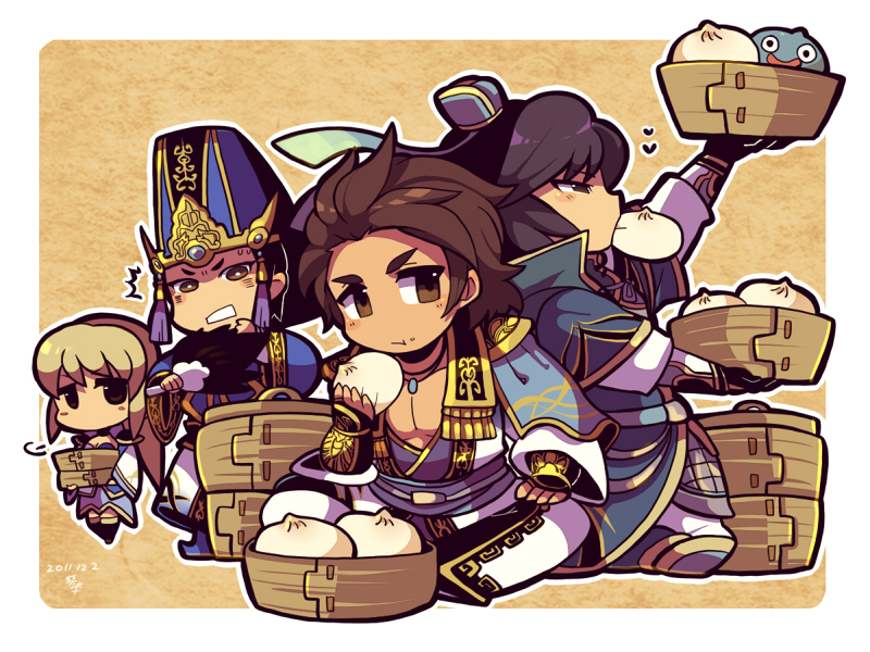 2boys 2girls bamboo_steamer baozi basket black_hair border brown_eyes brown_hair character_request chibi chibi_only dragon_quest food food_in_mouth hand_fan holding holding_basket holding_fan kotorai long_hair looking_at_viewer multiple_boys multiple_girls pectoral_cleavage pectorals shin_sangoku_musou sima_shi sima_zhao sitting slime_(dragon_quest) tassel white_border