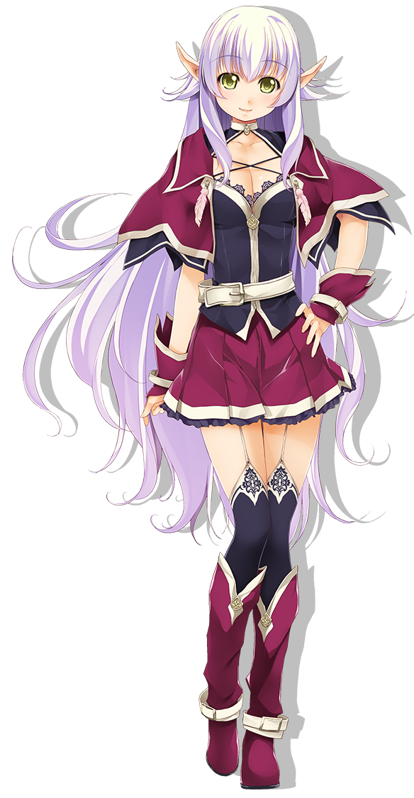 1girl atelier-moo breasts cleavage cloak closed_mouth dark_elf elf full_body garter_straps hair_between_eyes large_breasts long_hair long_pointy_ears narrow_waist pointy_ears purple_cloak purple_hair silvia_milsteen skirt smile solo standing thighs transparent very_long_hair wizards_symphony yellow_eyes zettai_ryouiki