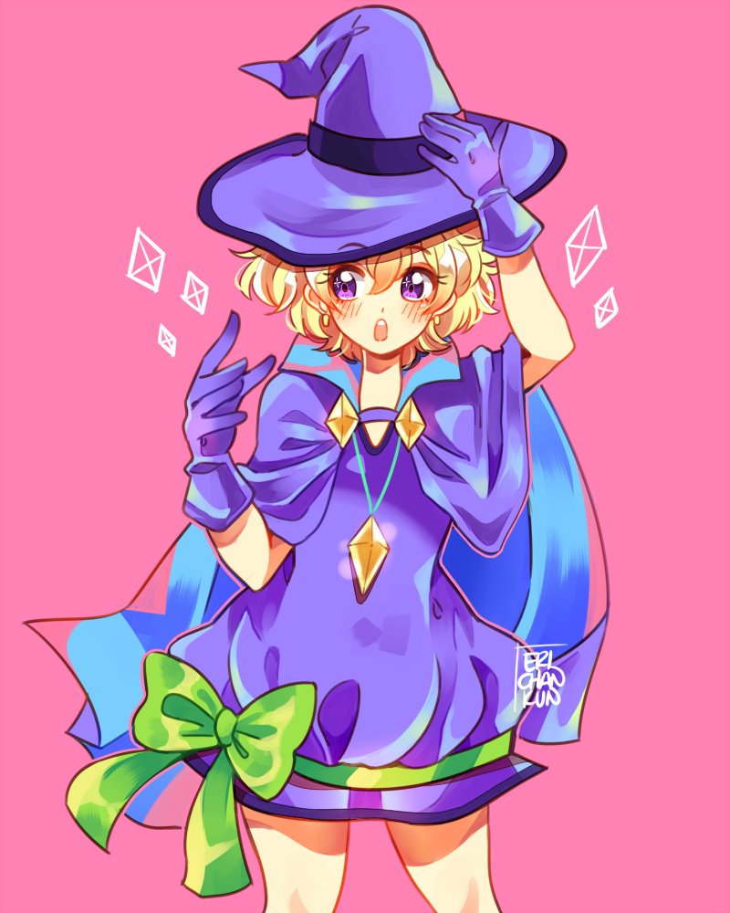 1girl arms_up artist_name blonde_hair blush cape coll_(erichankun) commentary_request cowboy_shot gloves green_ribbon hair_between_eyes hand_on_headwear jewelry looking_to_the_side magical_girl pendant pink_background purple_cape purple_eyes purple_gloves purple_hat ribbon short_hair simple_background solo sugar_sugar_rune vanilla_mieux