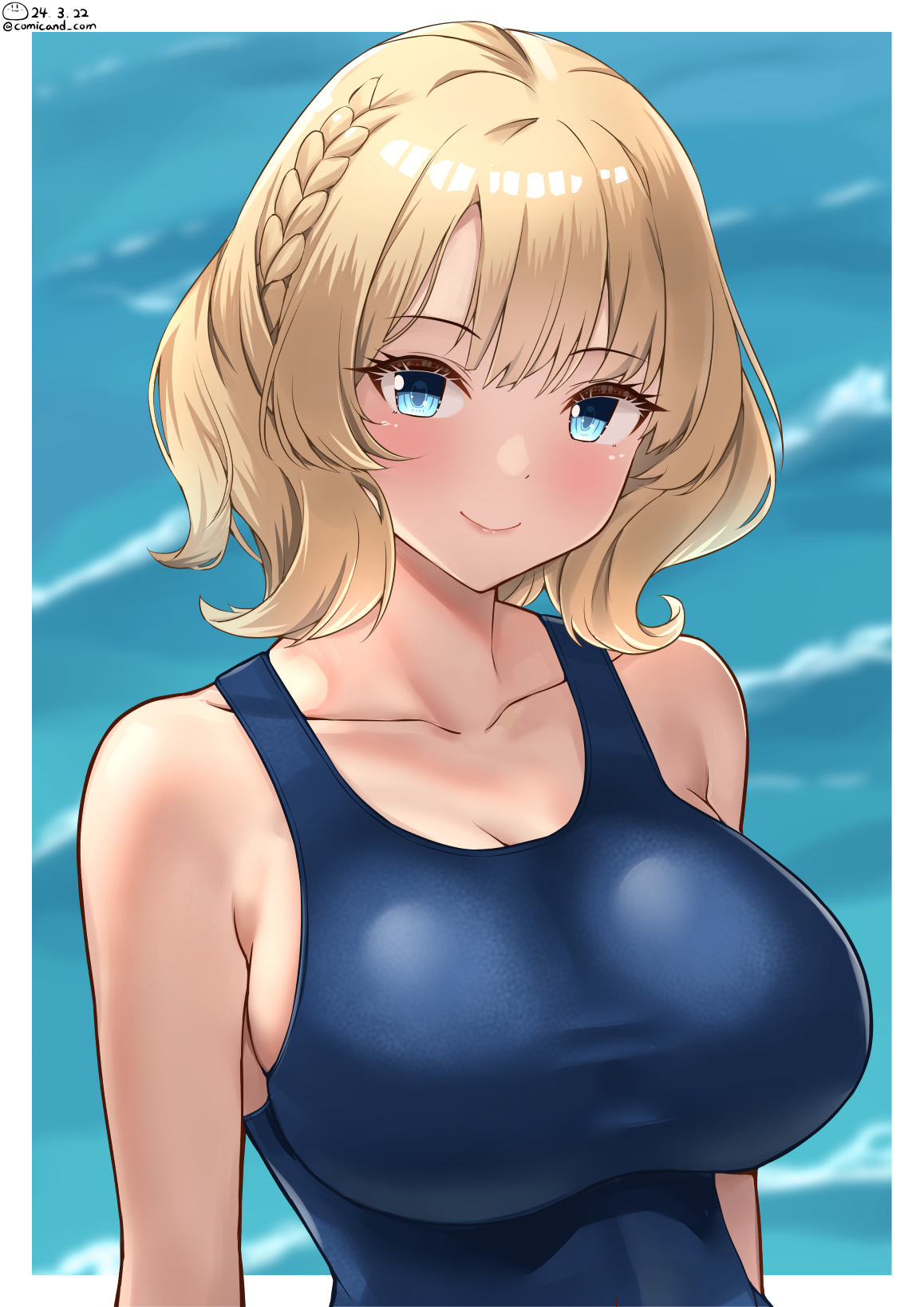 1girl bare_shoulders blonde_hair blue_eyes blue_one-piece_swimsuit braid breasts cleavage colorado_(kancolle) highres kantai_collection large_breasts one-piece_swimsuit shiromaru_(maniado) short_hair smile solo swimsuit upper_body