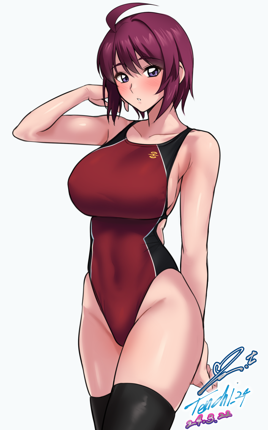 1girl ahoge black_thighhighs blue_eyes breasts competition_swimsuit dated groin gundam gundam_seed gundam_seed_destiny highleg highleg_swimsuit highres large_breasts looking_at_viewer lunamaria_hawke one-piece_swimsuit purple_hair red_one-piece_swimsuit short_hair signature simple_background solo swimsuit thighhighs twitter_username two-tone_swimsuit white_background yoo_tenchi