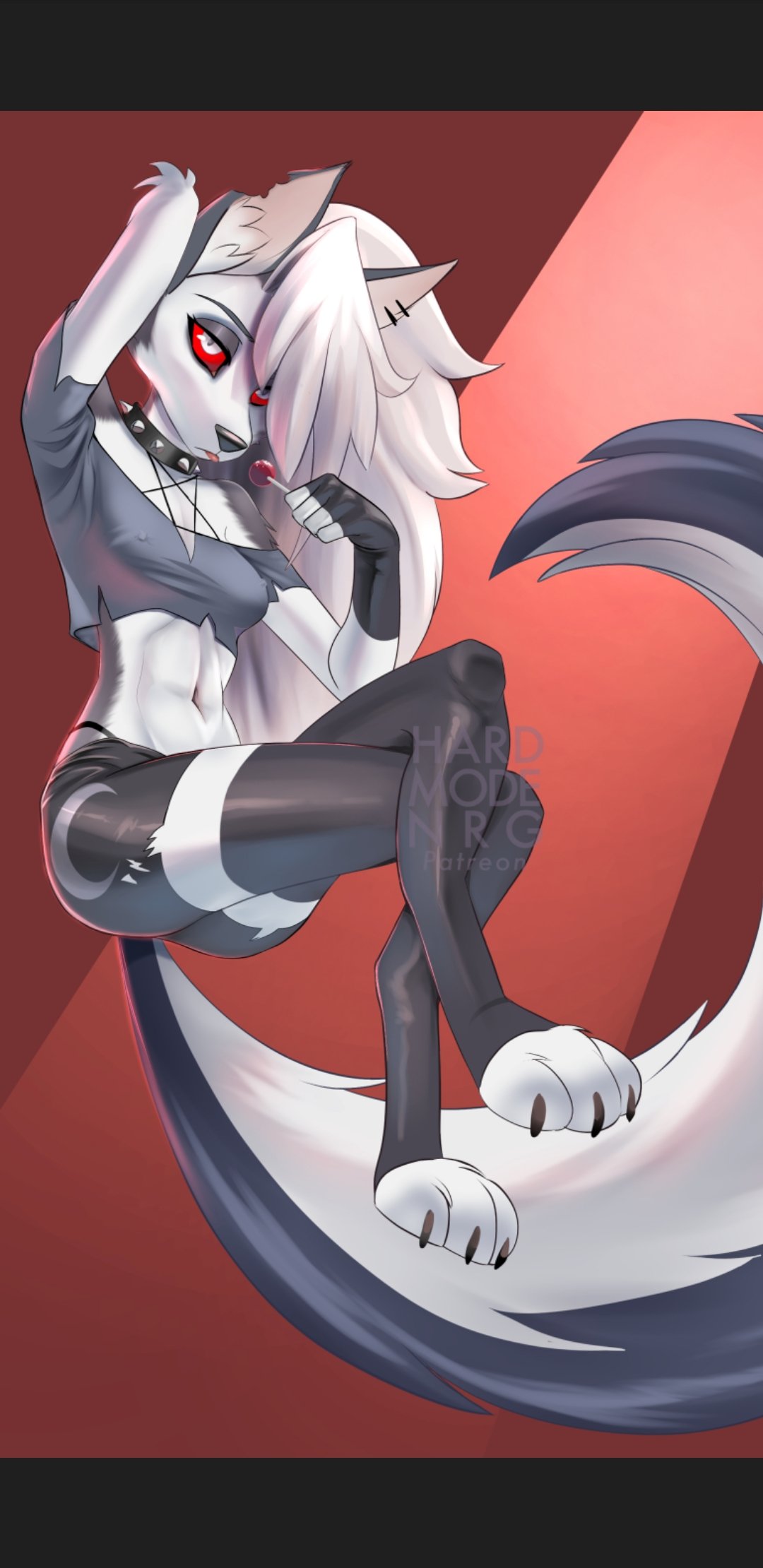 2024 anthro arm_tuft blep bottomwear breasts candy canid canid_demon canine clothing collar crop_top crossed_legs demon dessert digitigrade ear_piercing elbow_tuft eyebrows eyelashes female fingerless_gloves food fur gloves grey_body grey_fur hair handwear hardmoden hellhound helluva_boss hi_res inner_ear_fluff legwear lollipop long_hair looking_at_viewer loona_(helluva_boss) mammal medium_breasts midriff mythological_canine mythological_creature mythology navel nipple_outline notched_ear piercing red_sclera shirt shorts soft_abs solo spiked_collar spikes thigh_highs thong_straps toeless_legwear tongue tongue_out topwear tuft white_body white_eyes white_fur white_hair