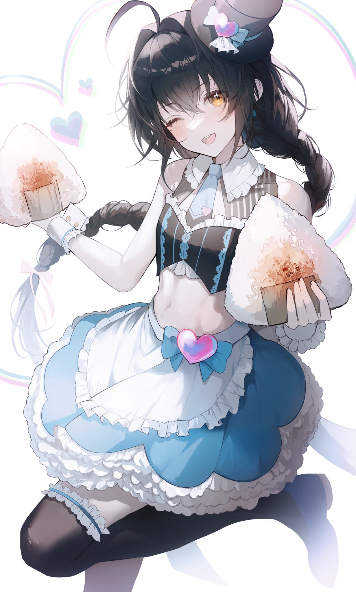 1other ahoge alternate_costume androgynous apron arms_up bare_shoulders black_hair black_shirt black_thighhighs blue_necktie blue_skirt blush braid braided_ponytail covered_collarbone cropped_shirt fate/grand_order fate_(series) floating_hair food frilled_cuffs frilled_thighhighs frills hair_intakes heart highres holding holding_food leg_up looking_at_viewer midriff misin322 motor_vehicle necktie onigiri round_teeth shirt skirt sleeveless sleeveless_shirt solo teeth thighhighs upper_teeth_only waist_apron white_apron white_background wings wrist_cuffs yamato_takeru_(fate) yellow_eyes