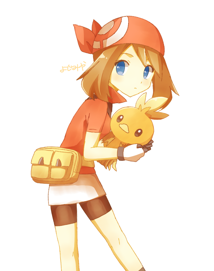 1girl bandana bike_shorts black_shorts blue_eyes brown_hair closed_mouth fanny_pack from_side gloves holding holding_pokemon looking_at_viewer may_(pokemon) pokemon pokemon_(creature) pokemon_rse red_bandana red_shirt shirt short_sleeves shorts torchic white_background white_gloves ymzmi