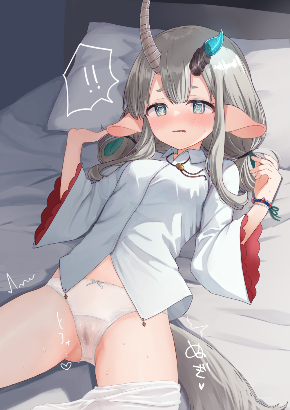 1girl @_@ animal_ears aqua_eyes bed bed_sheet black_skirt blue_eyes blush borrowed_character bow bow_panties breasts clothes_pull commission grey_hair highres horns jewelry layered_sleeves long_hair long_sleeves looking_at_viewer lying no_pants on_back on_bed open_mouth original panties pantyhose pantyhose_around_one_leg pantyhose_pull parted_lips pillow pointy_ears pussy_juice ribbon sese_nagi shirt skeb_commission skirt small_breasts solo tail thick_eyebrows twintails underwear wet wet_clothes wet_panties white_hair white_panties white_pantyhose white_shirt wide_sleeves wristband