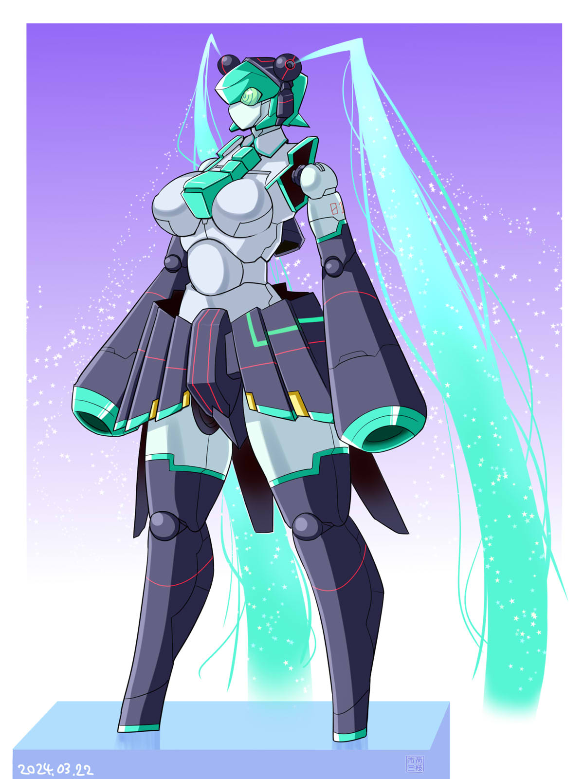 1girl dated energy_hair full_body gradient_background hatsune_miku highres humanoid_robot itini-sanshi long_hair looking_afar mecha mechanization purple_background robot solo sparkle standing star_(symbol) very_long_hair vocaloid