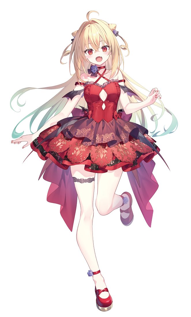 1girl :d ahoge alternate_costume arm_at_side bat_wings blonde_hair blush choker commentary_request criss-cross_halter crossed_bangs dress fake_wings fang floating_hair flower formal full_body gradient_hair green_hair hair_between_eyes hair_intakes halterneck hand_up happy hikikomari_kyuuketsuki_no_monmon long_hair looking_at_viewer mary_janes multicolored_hair nail_polish official_art open_mouth purple_flower purple_rose red_choker red_dress red_eyes red_flower red_nails riichu rose shoes short_dress sleeveless sleeveless_dress slit_pupils smile solo standing standing_on_one_leg terakomari_gandezblood thigh_strap tsurime two_side_up wings