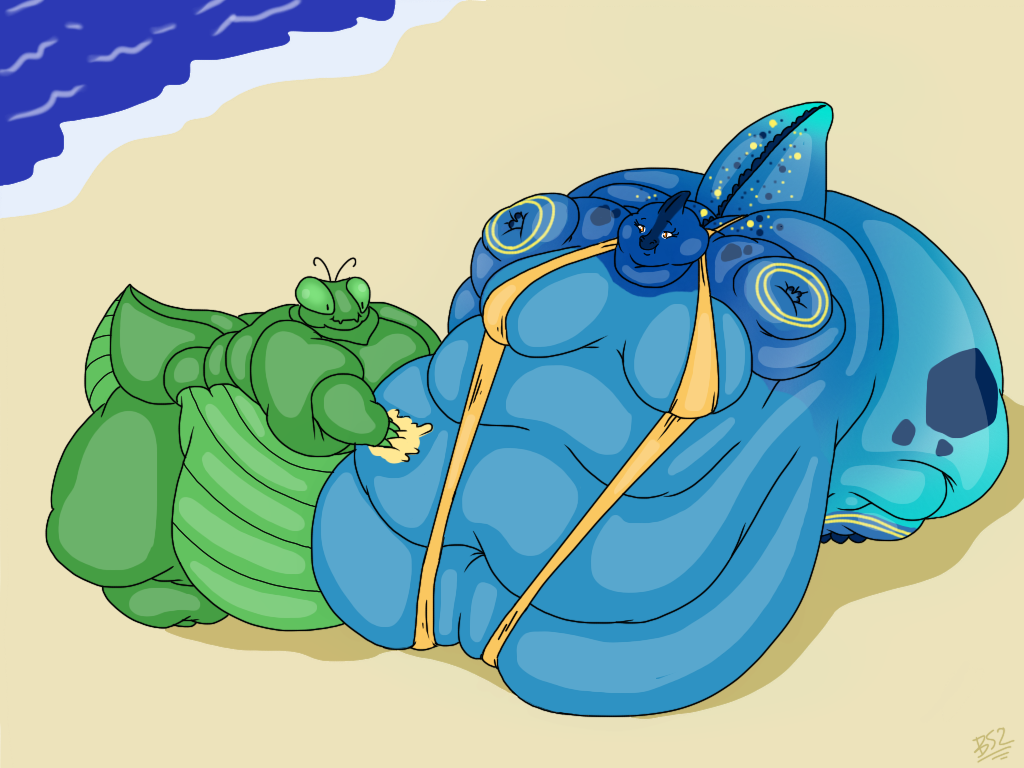 2018 3_fingers 4:3 4_fingers antennae_(anatomy) anthro arm_markings arthropod barefoot batspid2 beach belly big_belly big_breasts big_butt bikini biped bird's-eye_view black_eyebrows blue_body blue_scales breasts butt cel_shading clothing digital_drawing_(artwork) digital_media_(artwork) dot_eyes double_chin duo eyebrows eyelashes fangs feet female fingers flabby_arms frill_(anatomy) full-length_portrait glistening glistening_eyes gradient_scales green_body green_skin high-angle_view huge_belly huge_butt huge_thighs hyper hyper_belly hyper_butt hyper_hips hyper_thighs insect kamagi_(daikian) larger_female leg_markings love_handles male mantis markings moobs morbidly_obese morbidly_obese_anthro morbidly_obese_female morbidly_obese_male navel obese obese_anthro obese_female obese_male orange_eyes overweight overweight_anthro overweight_female overweight_male portrait scales scalie seaside shaded signature size_difference sling_bikini spots spotted_markings standing swimwear tail tail_frill teeth thick_thighs yellow_bikini yellow_clothing yellow_swimwear