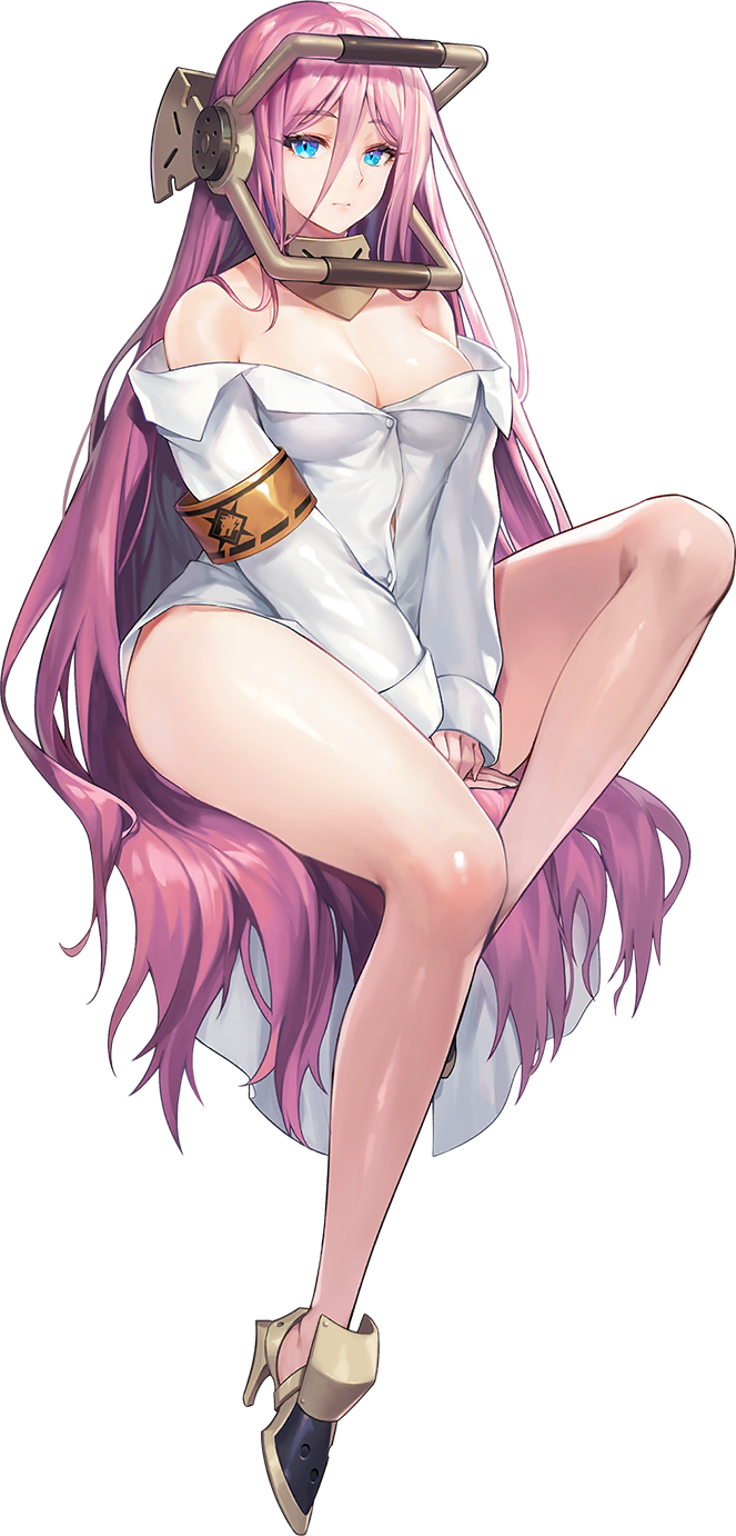 1girl blue_eyes breasts cleavage full_body hair_between_eyes hair_spread_out high_heels highres last_origin long_hair looking_at_viewer luvents3 medium_breasts naked_shirt official_art pink_hair scarabya_(last_origin) shirt sitting solo tachi-e transparent_background very_long_hair white_shirt