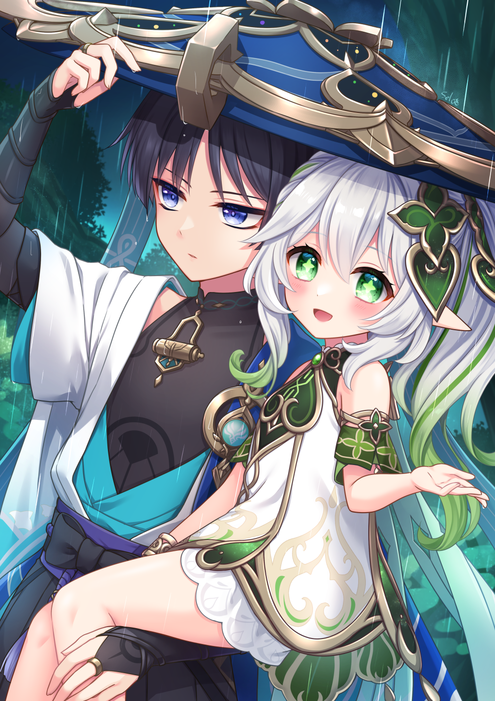 1boy 1girl :d adjusting_clothes adjusting_headwear black_hair blue_eyes blurry bracelet bridal_gauntlets cape carrying carrying_person cloud cloudy_sky commentary_request depth_of_field detached_sleeves dress genshin_impact gradient_hair green_cape green_eyes hair_between_eyes hair_ornament hat highres japanese_clothes jewelry jingasa leaf_hair_ornament long_hair looking_at_viewer multicolored_hair nahida_(genshin_impact) necklace outdoors pointy_ears rain scaramouche_(genshin_impact) short_sleeves side_ponytail sidelocks sitting sitting_on_person sky smile stardrop stirrup_legwear streaked_hair symbol-shaped_pupils toeless_legwear two-tone_hair wanderer_(genshin_impact) white_dress white_hair