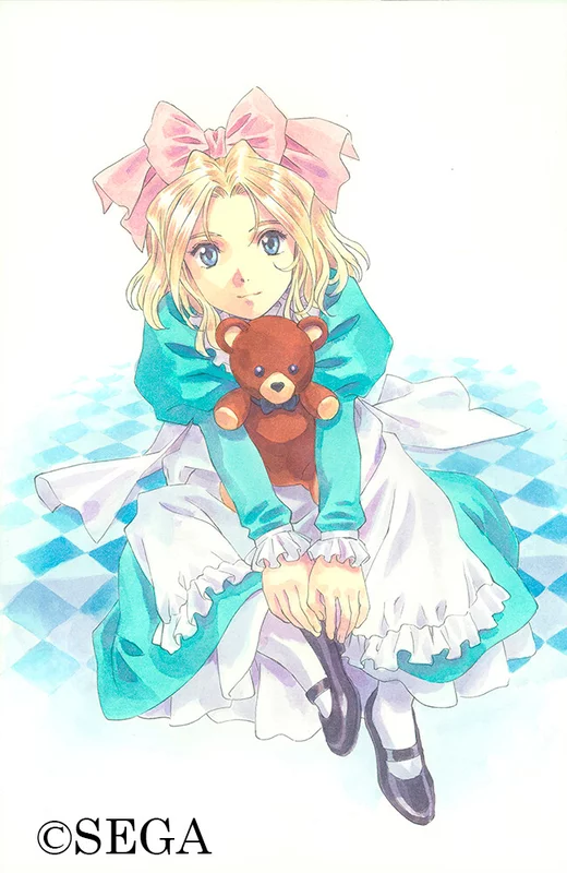 1girl apron blonde_hair blue_bow blue_bowtie blue_eyes bow bowtie checkered_floor child dress english_text frilled_apron frilled_sleeves frills green_dress green_sleeves hair_bow iris_chateaubriand jean-paul juliet_sleeves leaning_forward long_sleeves looking_at_viewer mary_janes matsubara_hidenori nose official_art parted_lips pink_bow puffy_sleeves sakura_taisen sega shoes simple_background sitting solo solo_focus stuffed_animal stuffed_toy teddy_bear white_background