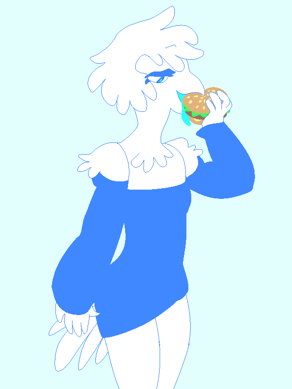 anthro avian beak blue_background blue_eyes blue_tongue burger clothed clothing food gynomorph hair holding_burger holding_food holding_object intersex open_mouth simple_background solo standing tail tezukasdrawer tongue tongue_out tuft