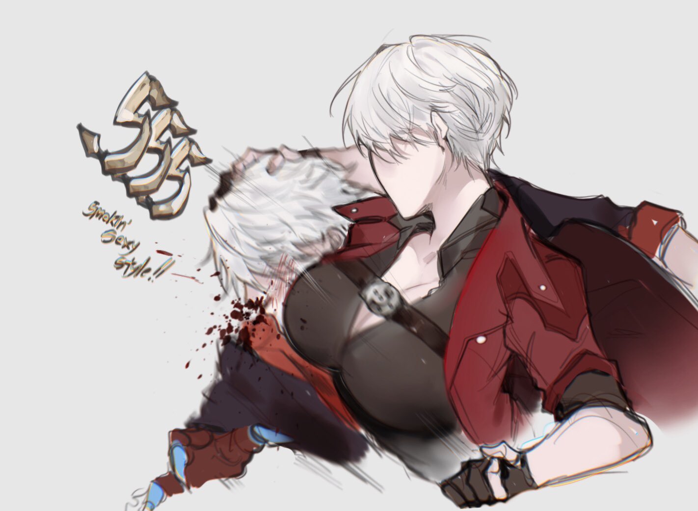 1boy 1girl age_difference aunt_and_nephew blood blush bouncing_breasts breasts coat dante_(devil_may_cry) devil_may_cry_(series) devil_may_cry_4 femdom fingerless_gloves genderswap genderswap_(mtf) gloves hetero male_focus mature_female meme nero_(devil_may_cry) nosebleed power_connection punching red_coat short_hair simple_background trench_coat veelzlone white_hair