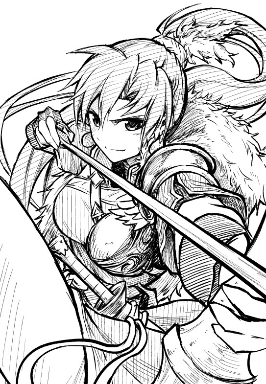 1girl arrow_(projectile) bow_(weapon) breasts closed_mouth earrings feathers fingerless_gloves fire_emblem fire_emblem:_the_blazing_blade fire_emblem_heroes gloves jewelry long_hair looking_at_viewer lyn_(brave_lady)_(fire_emblem) lyn_(fire_emblem) monochrome official_alternate_costume ponytail simple_background solo sword ten_(tenchan_man) upper_body weapon white_background