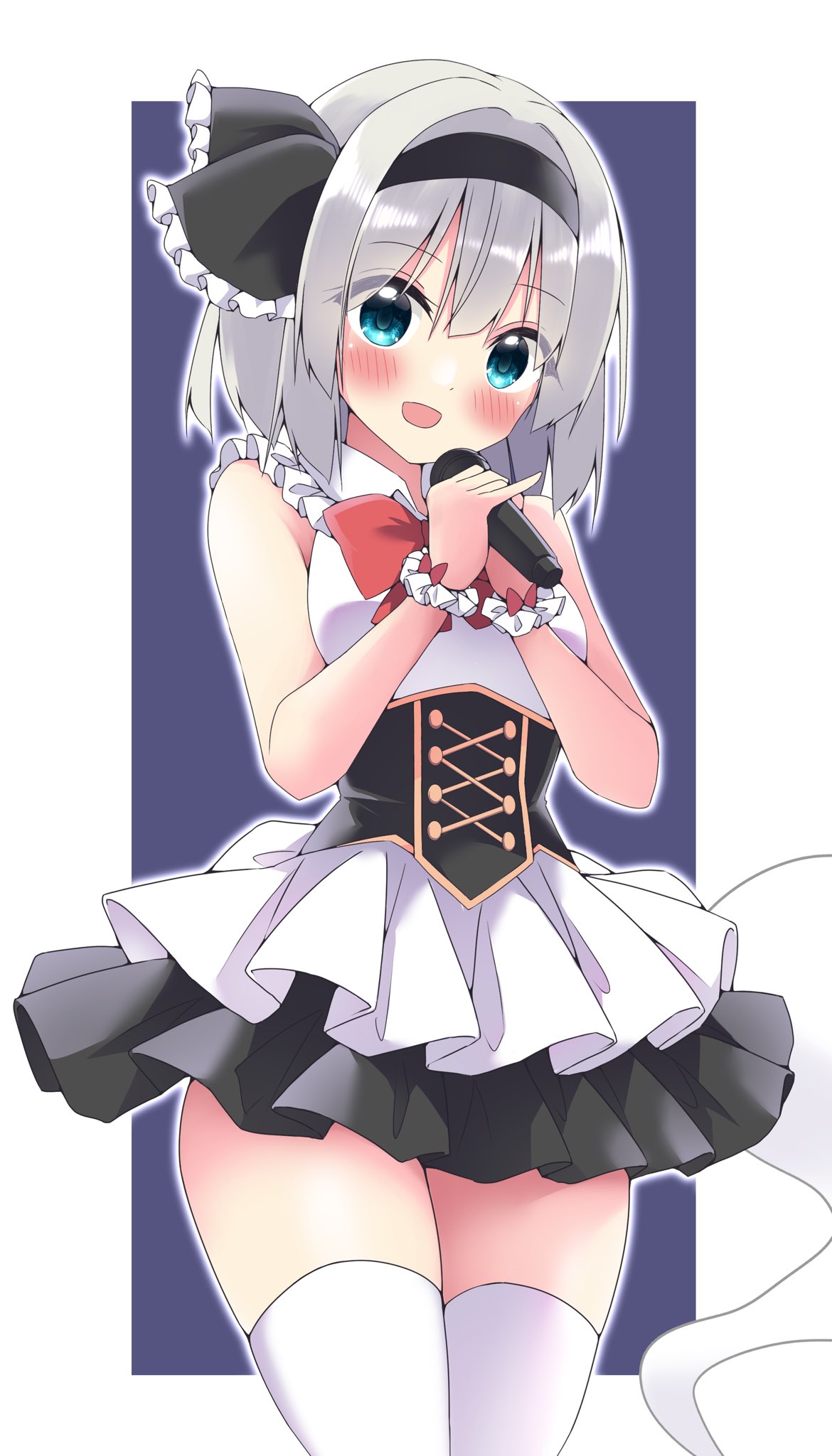 1girl 1other :d alternate_costume bare_arms black_bow black_dress black_hairband blue_eyes blush bob_cut border bow bowtie breasts collared_dress commentary_request cowboy_shot dress frilled_bow frilled_dress frilled_wrist_cuffs frills grey_hair hair_between_eyes hair_bow hairband highres holding holding_microphone konpaku_youmu konpaku_youmu_(ghost) layered_dress looking_at_viewer medium_breasts medium_hair microphone open_mouth outside_border purple_background red_bow red_bowtie shishiky simple_background skindentation sleeveless sleeveless_dress smile solo_focus standing thighhighs touhou white_border white_dress white_thighhighs wrist_cuffs zettai_ryouiki