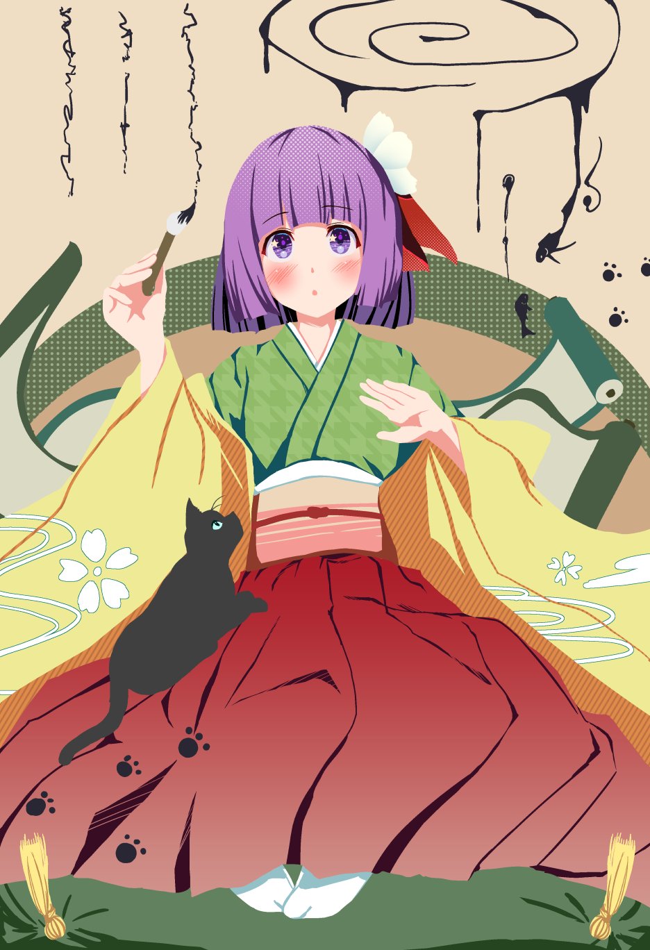 1girl :o black_cat blush calligraphy_brush cat commentary_request flat_chest floral_print flower green_skirt hair_flower hair_ornament hakama hakama_skirt hieda_no_akyuu highres ink japanese_clothes kimono long_sleeves obi paintbrush paw_print purple_eyes purple_hair red_hakama red_skirt sash scroll short_hair skirt solo teruteru12 touhou upper_body wide_sleeves writing yellow_kimono