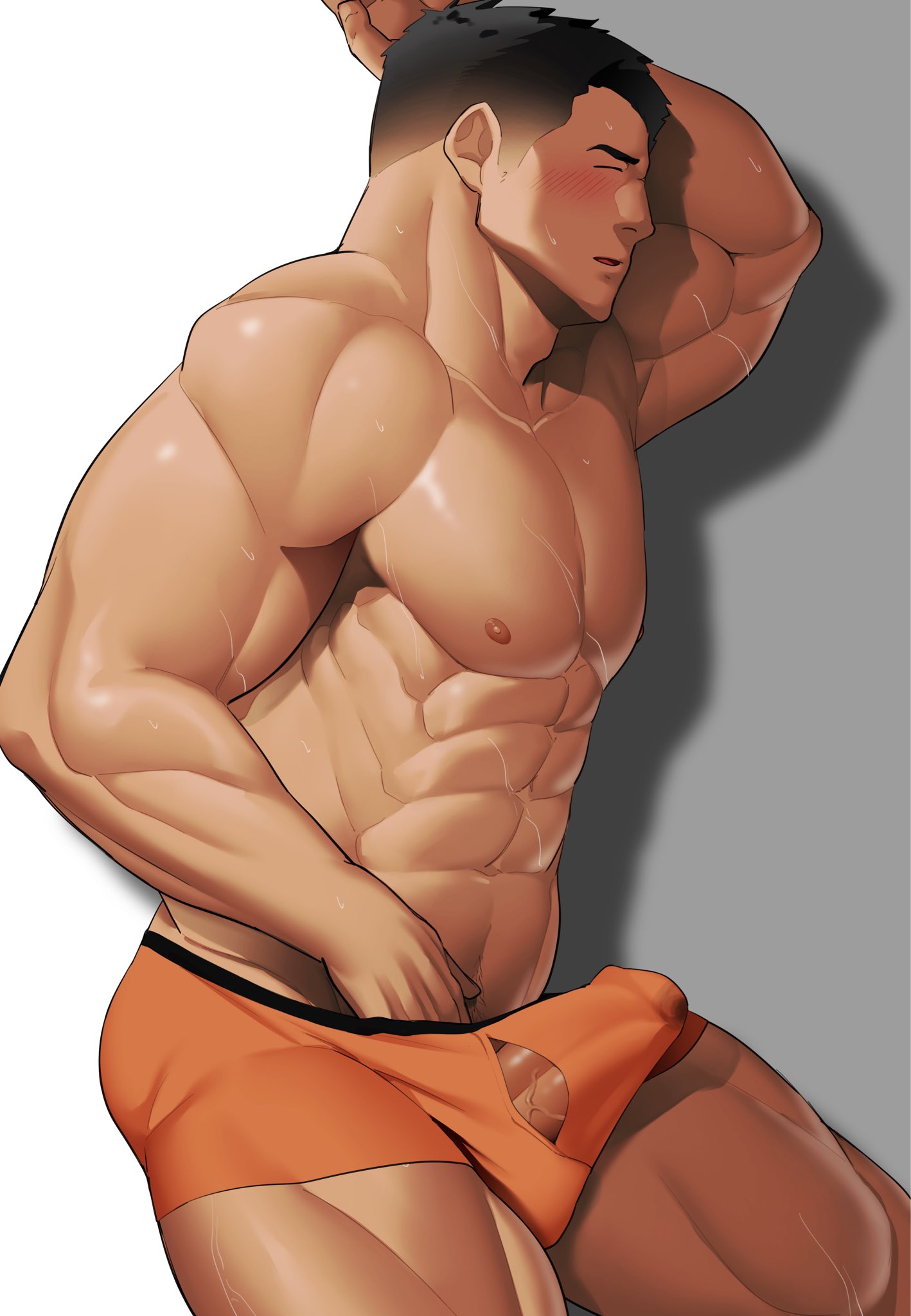 1boy abs adam's_apple bara boxers bulge cowboy_shot erection erection_under_clothes from_side hand_under_clothes highres kansuke_(kansuke_717) large_pectorals male_focus male_underwear muscular muscular_male navel navel_hair nipples orange_male_underwear original pectorals penis penis_peek profile short_hair sideburns solo standing stomach strongman_waist sweat thick_thighs thighs topless_male underwear