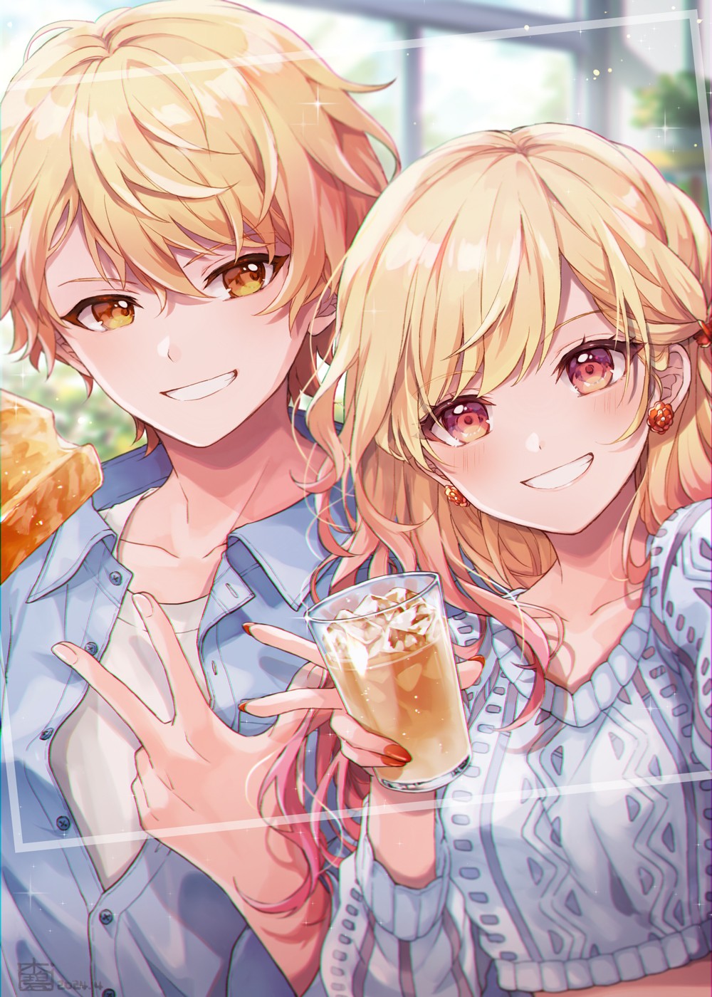 1boy 1girl blonde_hair blue_shirt brother_and_sister crop_top cup earrings food glass hana_(mew) highres holding holding_cup jewelry long_hair midriff project_sekai red_eyes shirt short_hair siblings smile teeth tenma_saki tenma_tsukasa twins w yellow_eyes