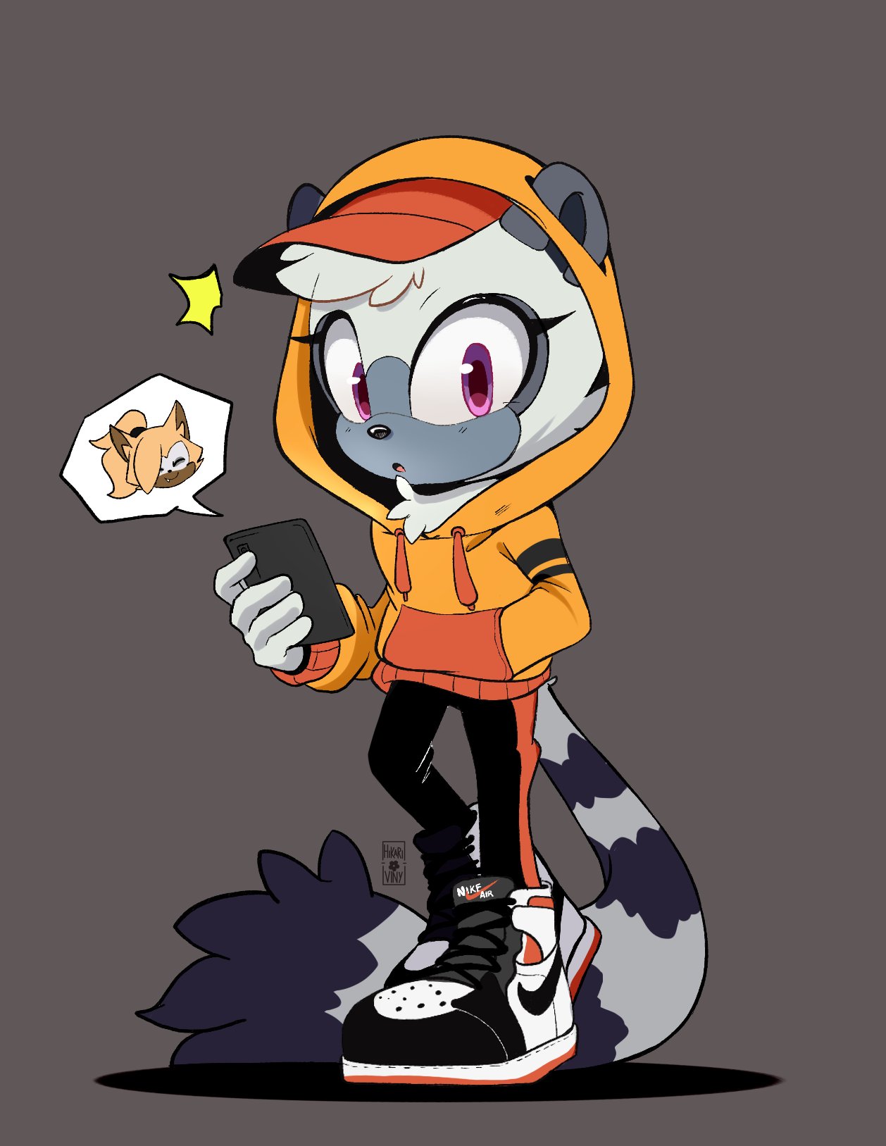 2girls artist_name black_footwear black_fur black_pants cellphone furry furry_female grey_background grey_fur hand_in_pocket highres hikariviny holding holding_phone hood hoodie lemur_girl lemur_tail looking_at_viewer multiple_girls orange_hoodie pants phone purple_eyes shoes simple_background smartphone sneakers solo_focus sonic_(series) speech_bubble tail tangle_the_lemur two-tone_footwear whisper_the_wolf white_footwear