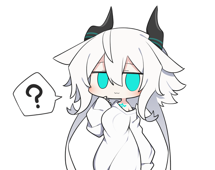 1girl :3 ? aqua_eyes black_horns blush breasts chibi closed_mouth commentary_request dress hand_up horns jitome kisaragi_kaya large_breasts long_hair long_sleeves looking_at_viewer no_pupils no_sclera original short_hair_with_long_locks simple_background single_bare_shoulder sleeves_past_wrists solo speech_bubble spoken_question_mark syrgoth_(kisaragi_kaya) white_background white_dress white_hair
