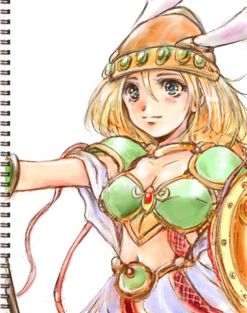 1girl armor armored_dress blue_eyes blush braid breastplate breasts cleavage green_armor head_wings helmet jewelry lips long_hair shoulder_armor single_braid solo taka_jade2 traditional_media upper_body valkyrie_(vnd) valkyrie_no_densetsu winged_helmet wings