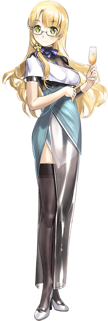1girl blonde_hair breasts cocktail_glass cup dress drinking_glass full_body glasses green_eyes holding holding_cup kantai_collection large_breasts long_hair northampton_(kancolle) official_art semi-rimless_eyewear solo thighhighs white_dress zeco