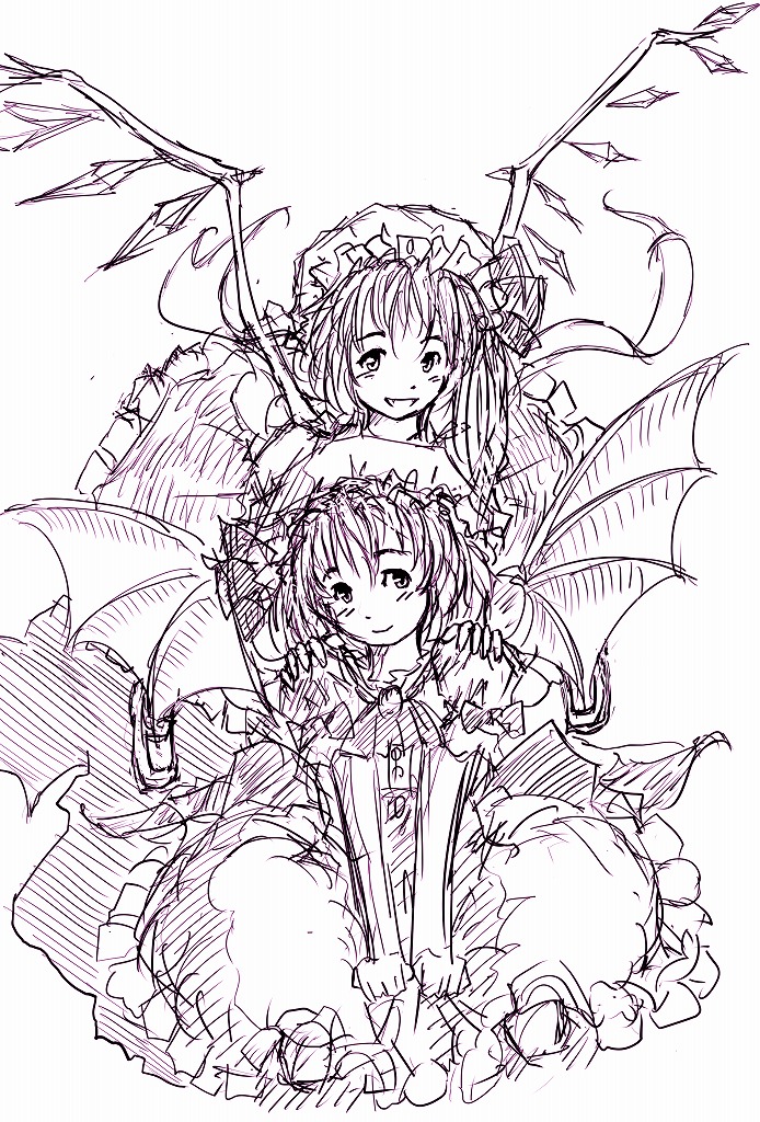 2girls ascot bat_wings brooch closed_mouth daro flandre_scarlet frilled_skirt frills hand_on_another's_shoulder hat jewelry looking_at_another making-of medium_hair mob_cap multiple_girls open_mouth remilia_scarlet siblings sisters sketch skirt touhou wings