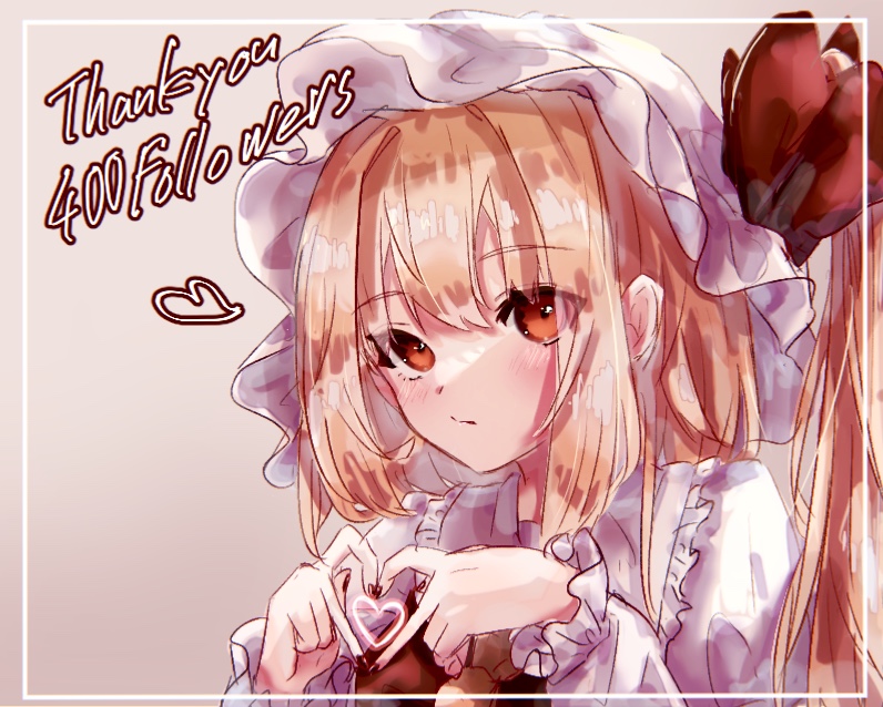 1girl :/ blonde_hair blush closed_mouth english_text eyes_visible_through_hair flandre_scarlet frilled_shirt_collar frilled_sleeves frills gradient_background hair_between_eyes hat heart heart_hands juliet_sleeves long_sleeves looking_at_viewer medium_hair milestone_celebration mob_cap nail_polish one_side_up puffy_sleeves red_eyes red_nails simple_background solo touhou upper_body wata_chaka white_hat