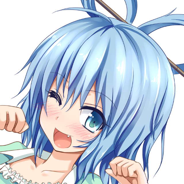 1girl ;d blue_eyes blue_hair clenched_hands collarbone commentary_request fang gin'you_haru hair_ornament hair_rings hair_stick kaku_seiga looking_at_viewer one_eye_closed open_mouth portrait profile_picture simple_background smile solo touhou upper_body white_background