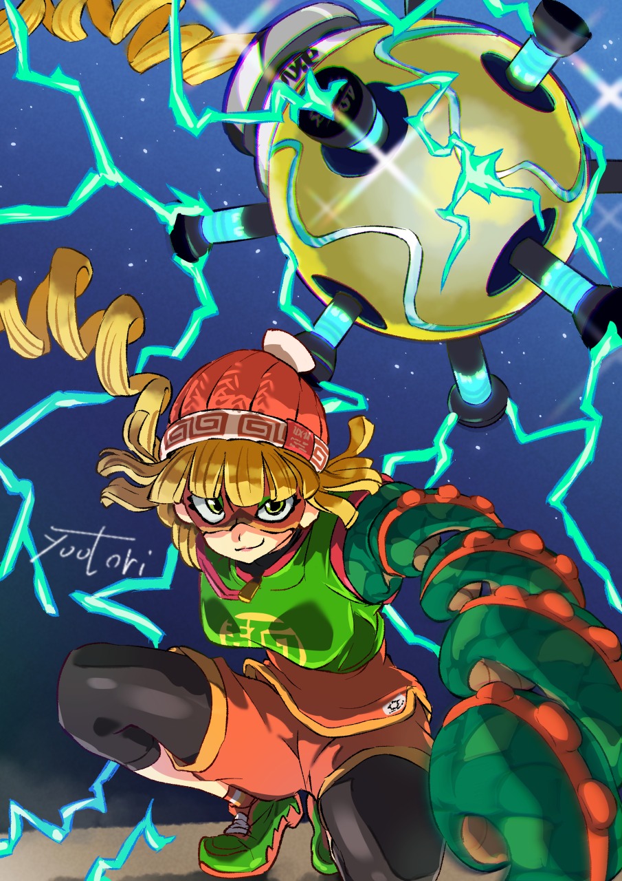 arms_(game) beanie black_leggings blonde_hair domino_mask electricity green_eyes hat highres leggings leggings_under_shorts mask megawatt_(arms) min_min_(arms) on_one_knee orange_shorts shoes short_hair shorts signature sneakers stretched_limb you_bird