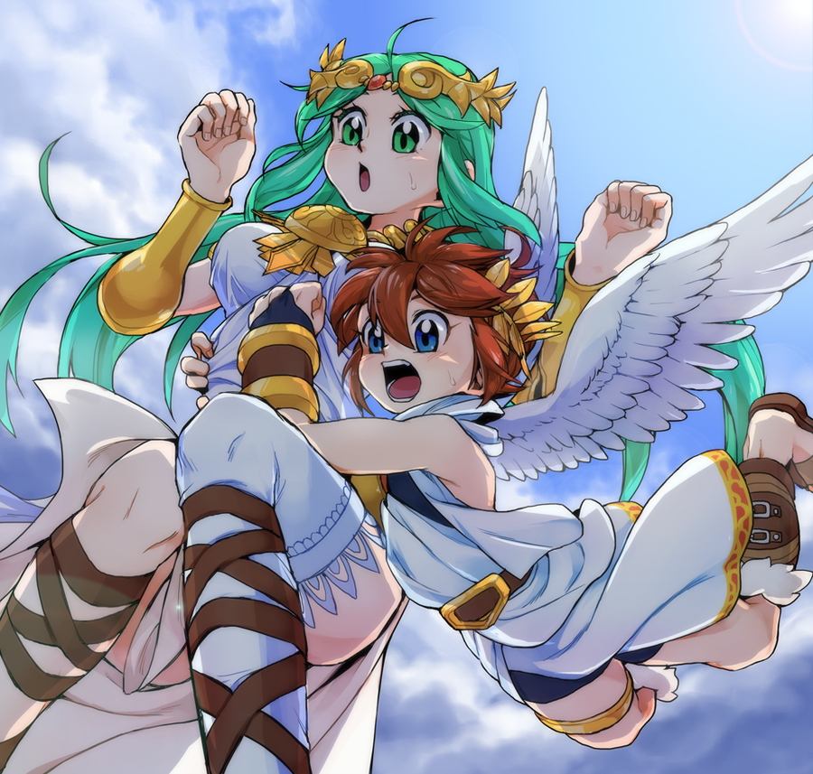 1boy 1girl ahoge angel angel_wings blue_eyes blue_sky breasts brown_hair chain clenched_hands diadem gold_chain green_eyes green_hair hug kid_icarus kid_icarus_uprising laurel_crown open_mouth palutena pit_(kid_icarus) single_thighhigh sky suno_(imydream) sweat thighhighs wings
