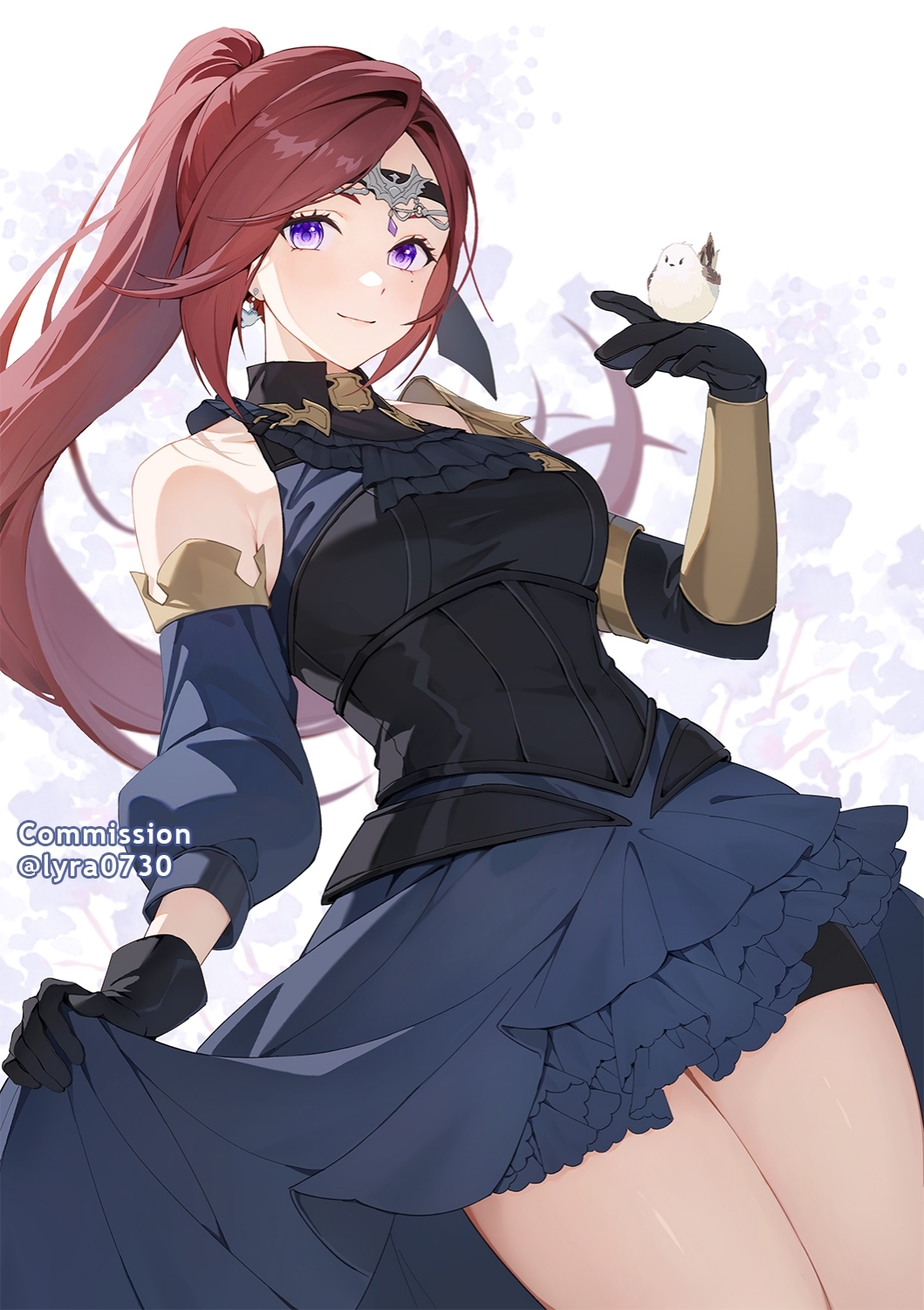 1girl black_gloves breasts brown_hair circlet clothes_lift commission detached_sleeves dutch_angle earrings final_fantasy final_fantasy_xiv gloves highres hyur jewelry lifted_by_self long_hair looking_at_viewer lyra-kotto medium_breasts ponytail purple_eyes skirt skirt_lift solo warrior_of_light_(ff14)