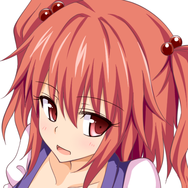 1girl collarbone commentary_request gin'you_haru hair_bobbles hair_ornament looking_at_viewer onozuka_komachi open_mouth portrait profile_picture red_hair short_sleeves simple_background solo touhou two_side_up upper_body white_background