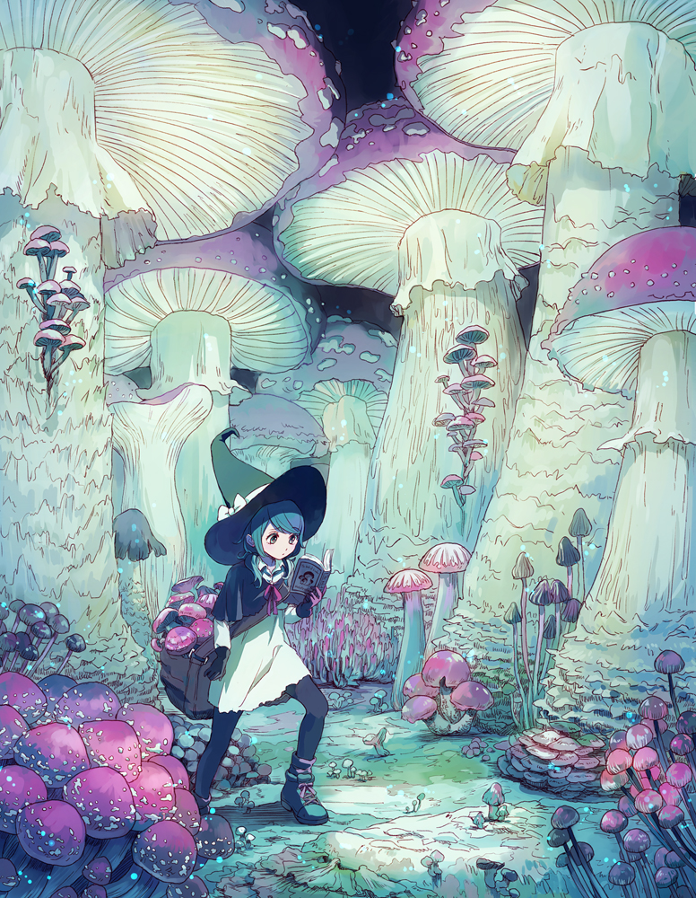 1girl akiyama_enma bag bioluminescence blue_hair book bow collared_dress commentary_request dress giant_mushroom gloves glowing hat hat_bow holding holding_book long_sleeves medium_hair mushroom nature night open_book original outdoors pantyhose reading scenery shoes sneakers solo standing white_bow white_dress wide_shot witch witch_hat