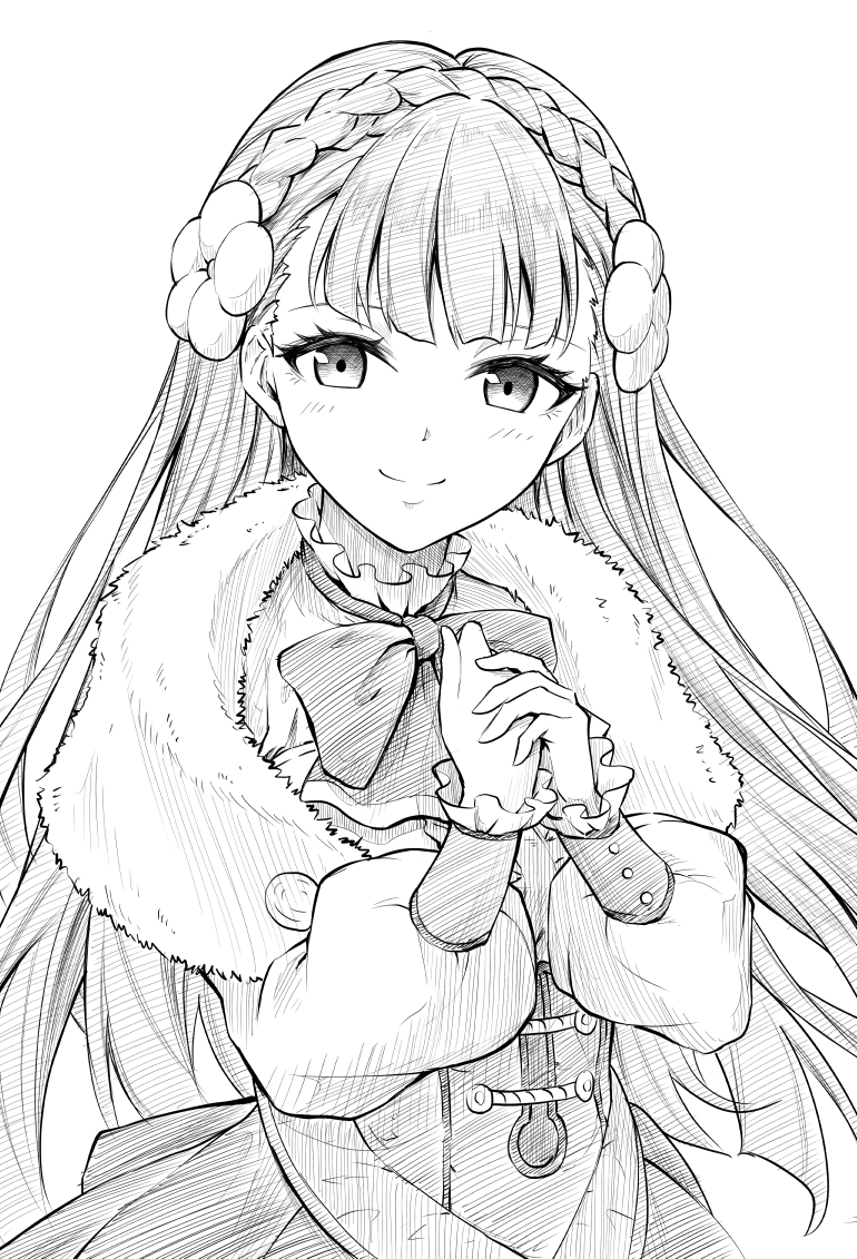 1girl bow bowtie braid closed_mouth crown_braid fire_emblem fire_emblem_echoes:_shadows_of_valentia flower fur_collar greyscale hair_flower hair_ornament long_hair looking_at_viewer monochrome rinea_(fire_emblem) simple_background smile solo ten_(tenchan_man) upper_body white_background