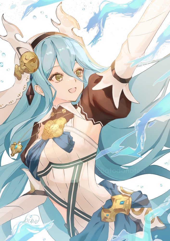 1girl atoatto azura_(fire_emblem) azura_(song's_reflection)_(fire_emblem) blue_hair commentary_request dragon_horns fake_horns fire_emblem fire_emblem_fates fire_emblem_heroes floating_hair hair_between_eyes horns hydrokinesis jewelry long_hair necklace official_alternate_costume open_mouth signature simple_background smile solo twitter_username veil very_long_hair water white_background yellow_eyes