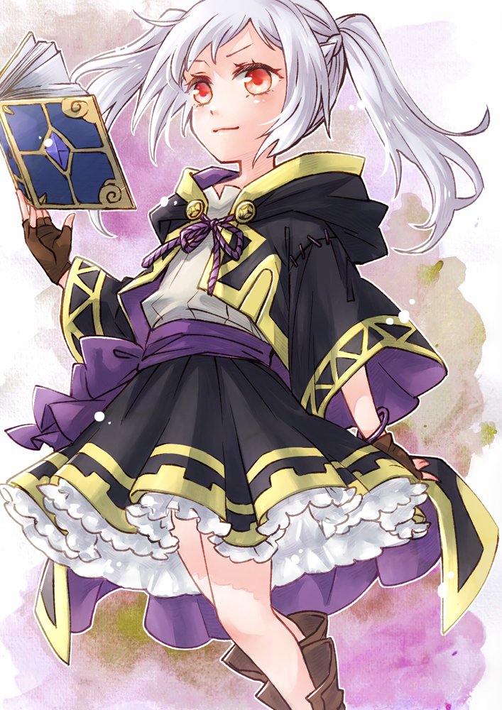 1girl aged_down black_coat black_skirt blue_hair book braid brown_gloves closed_mouth coat ebi_puri_(ebi-ebi) feet_out_of_frame fingerless_gloves fire_emblem fire_emblem_awakening fire_emblem_heroes gloves gradient_background holding holding_book long_hair open_clothes open_coat orange_eyes purple_bracelet robin_(female)_(child)_(fire_emblem) robin_(female)_(fire_emblem) robin_(fire_emblem) simple_background skirt smile twintails v-shaped_eyebrows white_hair