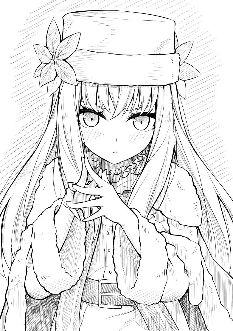 1girl belt belt_buckle buckle christmas expressionless fire_emblem fire_emblem:_three_houses fire_emblem_heroes flower fur_hat fur_trim greyscale hat hat_flower long_hair looking_at_viewer lysithea_von_ordelia lysithea_von_ordelia_(winter) monochrome official_alternate_costume simple_background solo steepled_fingers ten_(tenchan_man) upper_body white_background