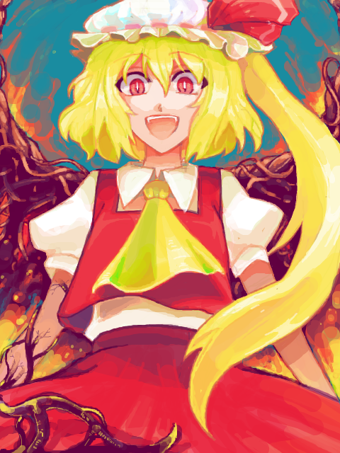 1girl ascot blonde_hair collared_shirt cowboy_shot flandre_scarlet from_below hair_between_eyes hat hat_ribbon ichinosuke_(suke22) long_hair looking_at_viewer looking_down mob_cap one_side_up open_mouth puffy_short_sleeves puffy_sleeves red_eyes red_ribbon red_skirt red_vest ribbon ribbon-trimmed_headwear ribbon_trim shirt short_sleeves skirt skirt_set solo teeth touhou upper_teeth_only vest white_hat white_shirt yellow_ascot