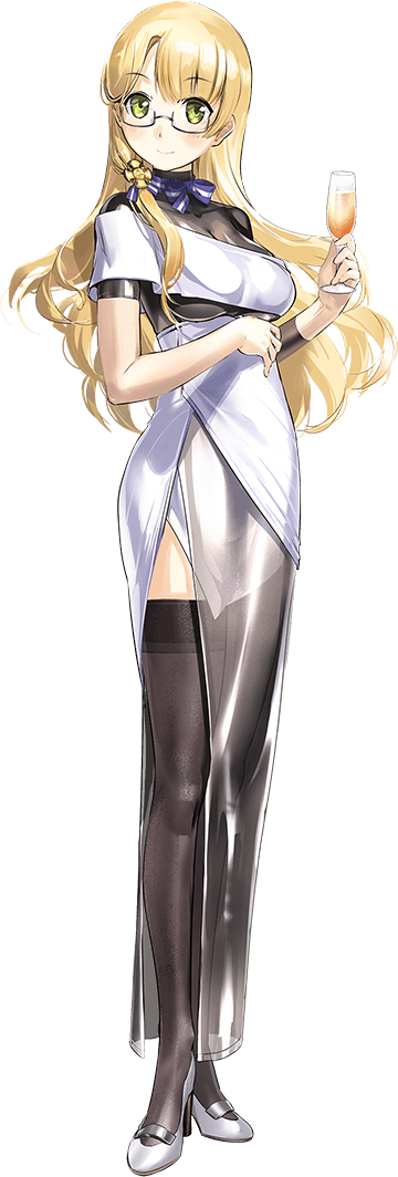 1girl blonde_hair breasts cocktail_glass cup dress drinking_glass full_body glasses green_eyes holding holding_cup kantai_collection large_breasts long_hair northampton_(kancolle) northampton_kai_(kancolle) official_art semi-rimless_eyewear solo thighhighs white_dress zeco