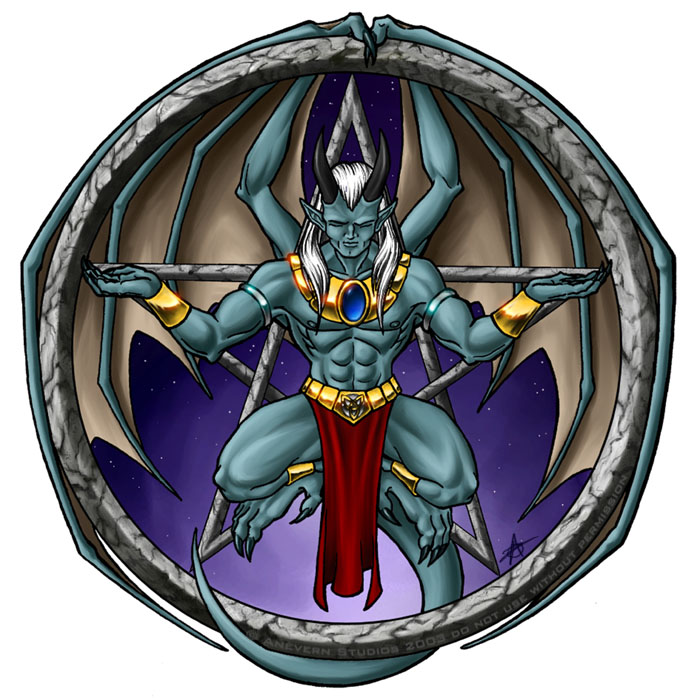 2005 abs biceps bottomwear claws clothing eyes_closed gargoyle hair horn humanoid humanoid_pointy_ears jewelry kytheraoa loincloth long_hair male membrane_(anatomy) membranous_wings nipples occult_symbol pecs pentacle pentagram raised_arm solo symbol wings