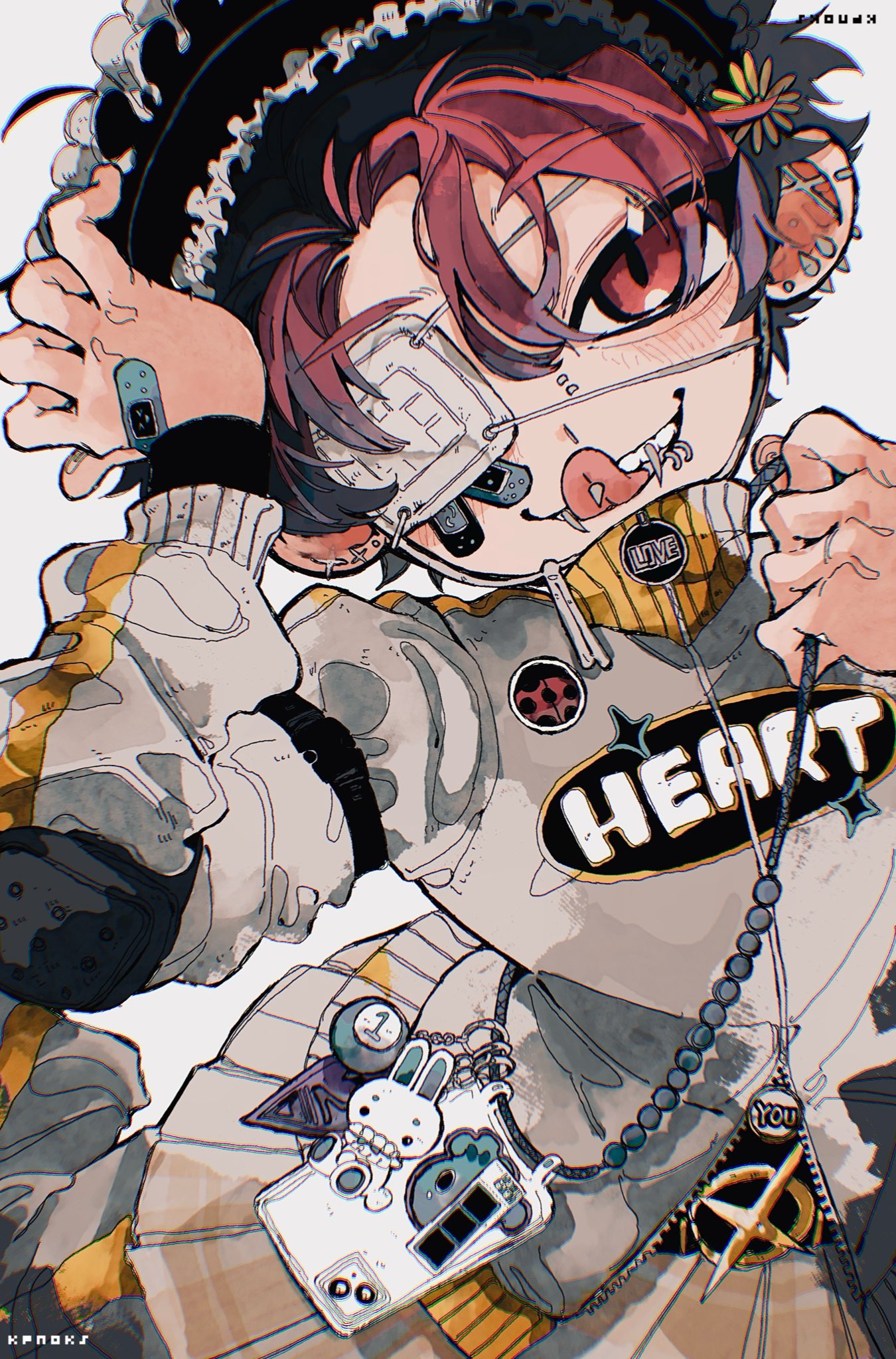 1boy bandaid bandaid_on_face cowboy_shot ear_piercing english_text eyepatch highres kpnoks male_focus medical_eyepatch original phone piercing red_eyes red_hair simple_background solo tongue tongue_out white_background