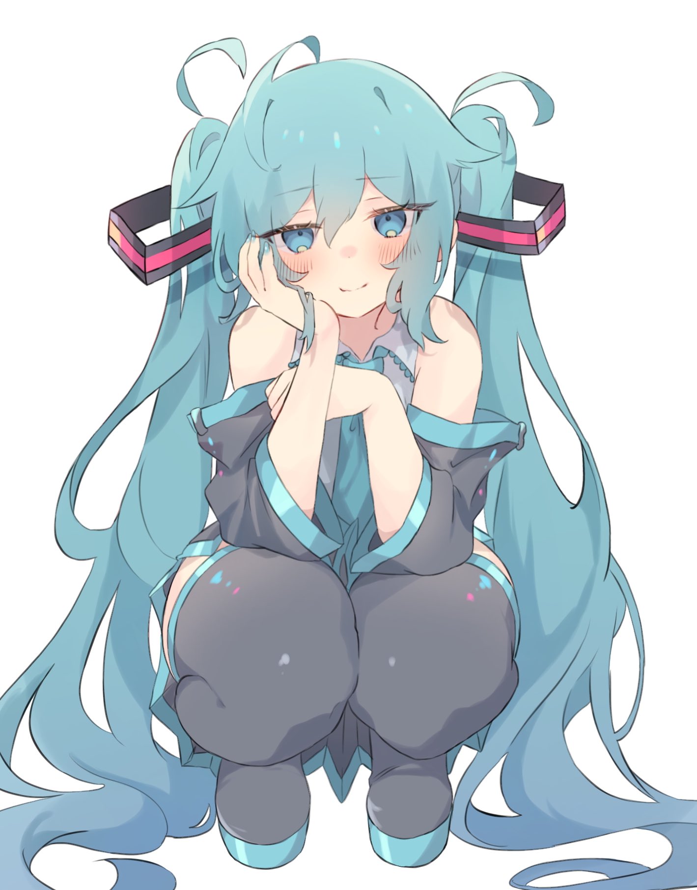 1girl ahoge aqua_eyes aqua_hair aqua_necktie bare_shoulders black_thighhighs blue_eyes blush commentary detached_sleeves elbow_rest grey_shirt hair_between_eyes half-closed_eyes hand_on_own_cheek hand_on_own_face hatsune_miku head_rest highres long_hair looking_at_viewer necktie nekonika_(e102k) shirt smile solo squatting thick_thighs thighhighs thighs twintails very_long_hair vocaloid