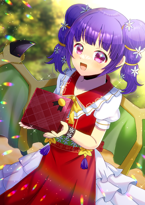 1girl :d blurry blurry_background bow box collared_shirt commentary_request commission depth_of_field dragon_wings fire_emblem fire_emblem:_the_sacred_stones fire_emblem_heroes flower frilled_shirt_collar frills gift gift_box green_wings hair_flower hair_ornament holding holding_gift kou_hiyoyo layered_skirt myrrh_(fire_emblem) myrrh_(valentine)_(fire_emblem) pleated_skirt puffy_short_sleeves puffy_sleeves purple_eyes purple_hair red_shirt shirt short_sleeves skeb_commission skirt sleeveless sleeveless_shirt smile solo twintails white_flower white_skirt wings yellow_bow