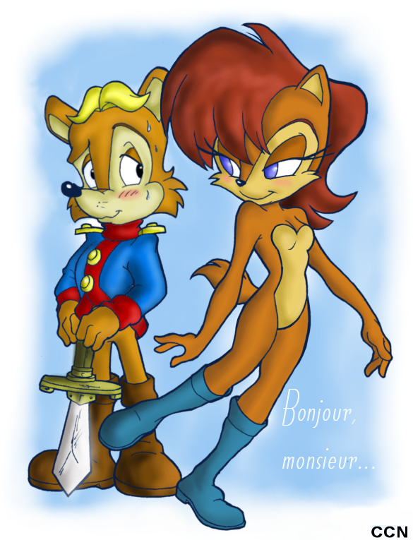 antoine_d'coolette antoine_d'coolette blonde_hair blue_eyes blush breasts canine chad_the_cartoon_nut chadthecartoonnut chipmunk clothing couple coyote cute duo female french french_language hair male mammal oddly_sexy red_hair rodent sally_acorn sega shy sonic_(series) squirrel text