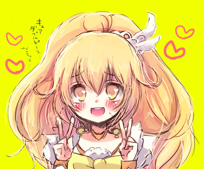 blonde_hair blush bow cure_peace hair_flaps heart kise_yayoi long_hair looking_at_viewer open_mouth precure simple_background smile smile_precure! solo translated v yellow yellow_background yellow_bow yellow_eyes yoshizoe_eiko